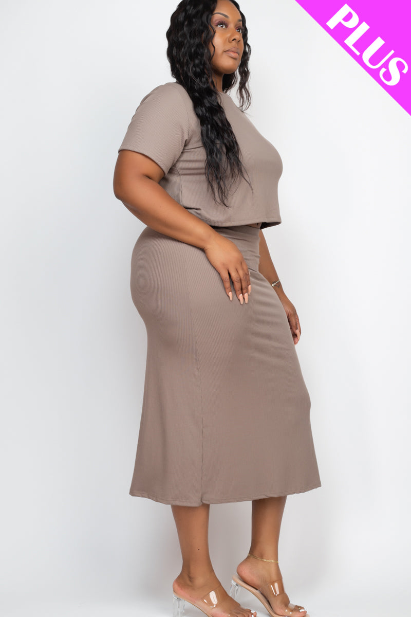 Plus Size Short Sleeve Ribbed Top & Midi Skirt Set - Capella Apparel Wholesale