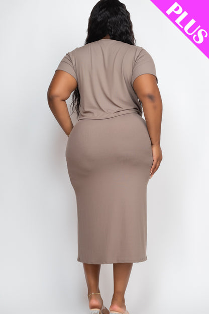 Plus Size Short Sleeve Ribbed Top & Midi Skirt Set - Capella Apparel Wholesale