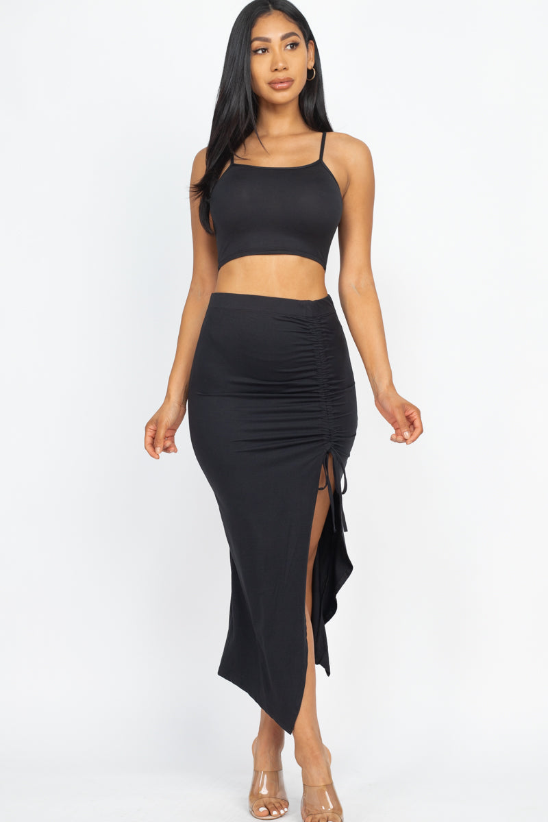 Cami Crop Top & Ruched Side Split Hem Midi Skirt Set (CAPELLA) - Capella Apparel