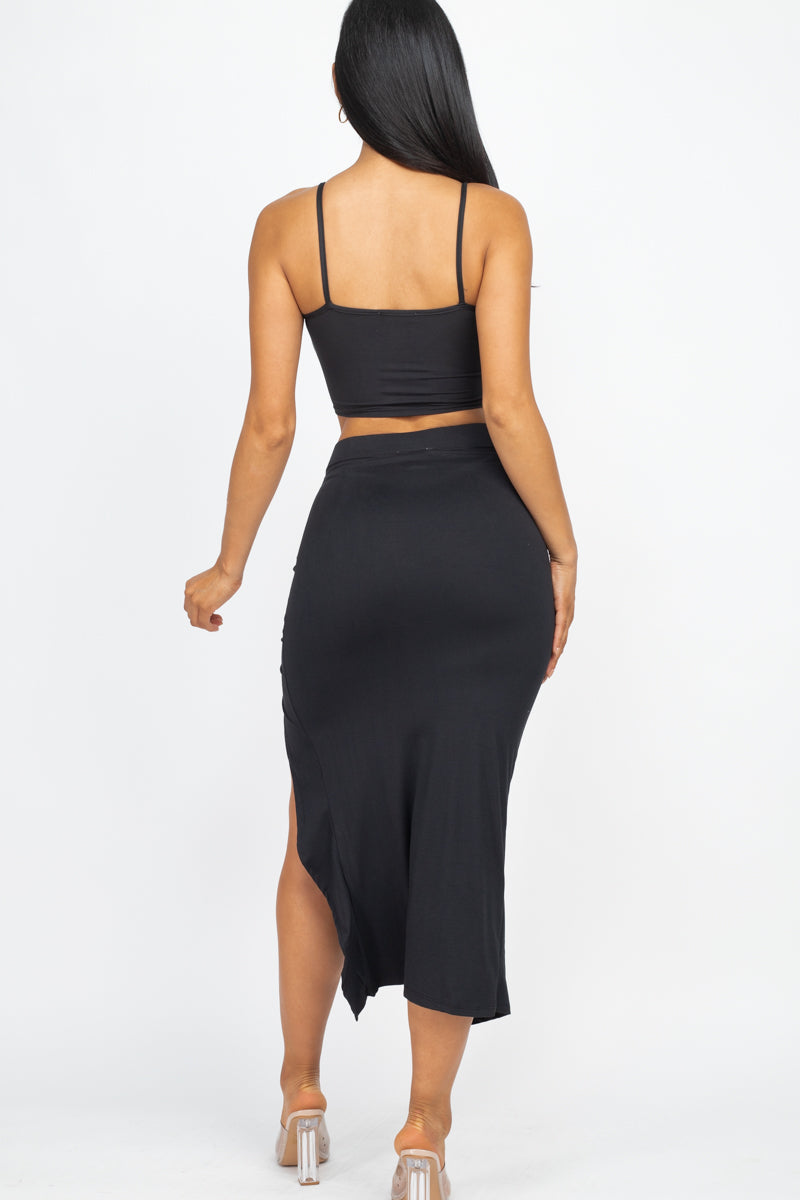 Cami Crop Top & Ruched Side Split Hem Midi Skirt Set (CAPELLA) - Capella Apparel