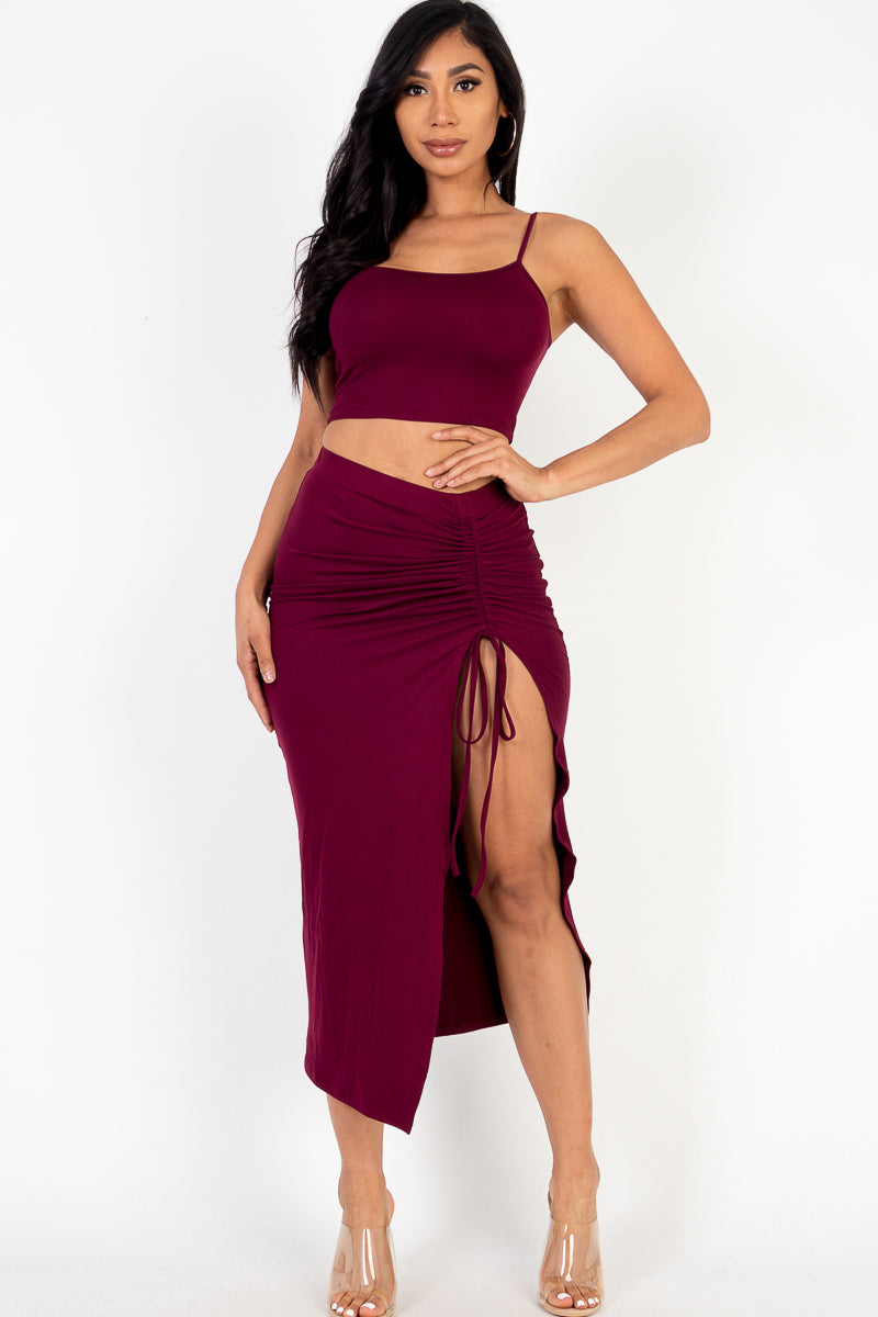 Cami Crop Top & Ruched Side Split Hem Midi Skirt Set (CAPELLA) - Capella Apparel