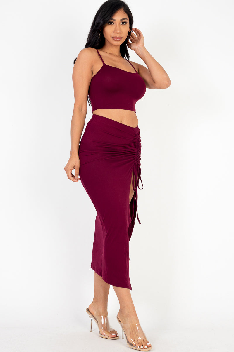 Cami Crop Top & Ruched Side Split Hem Midi Skirt Set (CAPELLA) - Capella Apparel