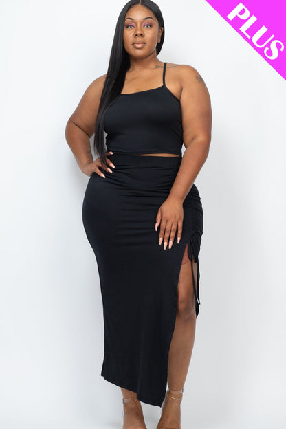 PLUS SIZE Cami Crop Top & Ruched Side Split Hem Midi Skirt Set (CAPELLA) - Capella Apparel