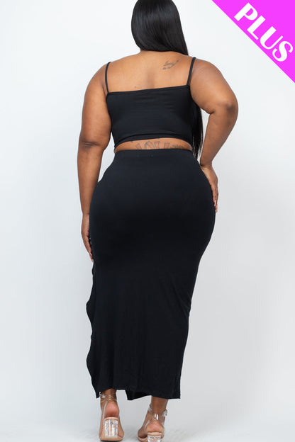 PLUS SIZE Cami Crop Top & Ruched Side Split Hem Midi Skirt Set (CAPELLA) - Capella Apparel