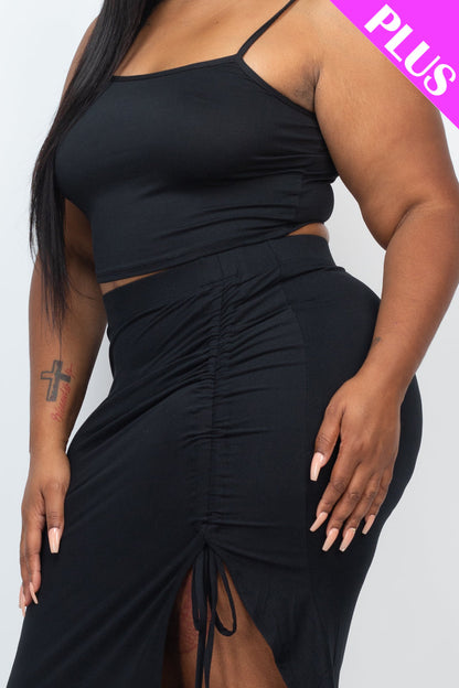 PLUS SIZE Cami Crop Top & Ruched Side Split Hem Midi Skirt Set (CAPELLA) - Capella Apparel