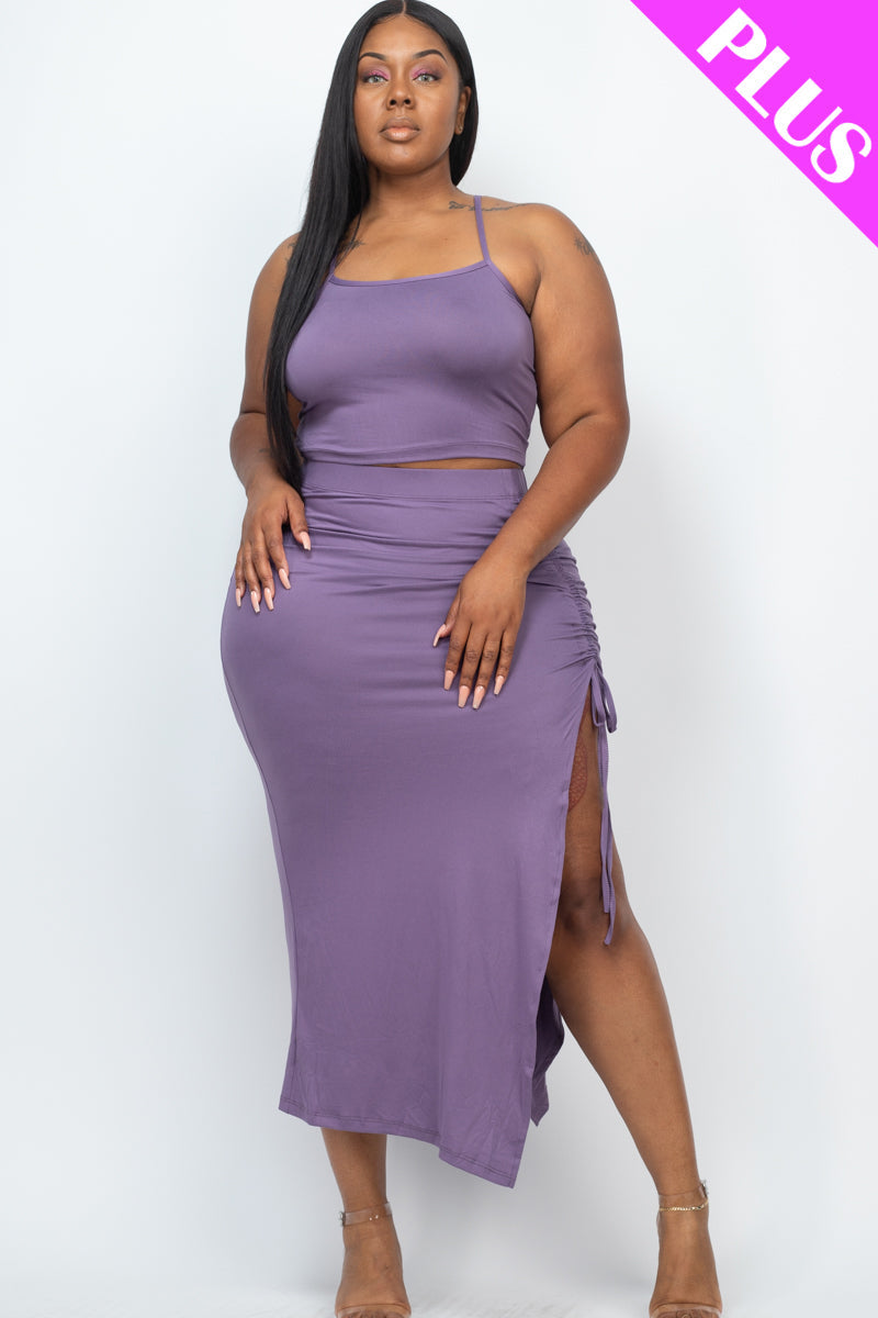 PLUS SIZE Cami Crop Top & Ruched Side Split Hem Midi Skirt Set (CAPELLA) - Capella Apparel