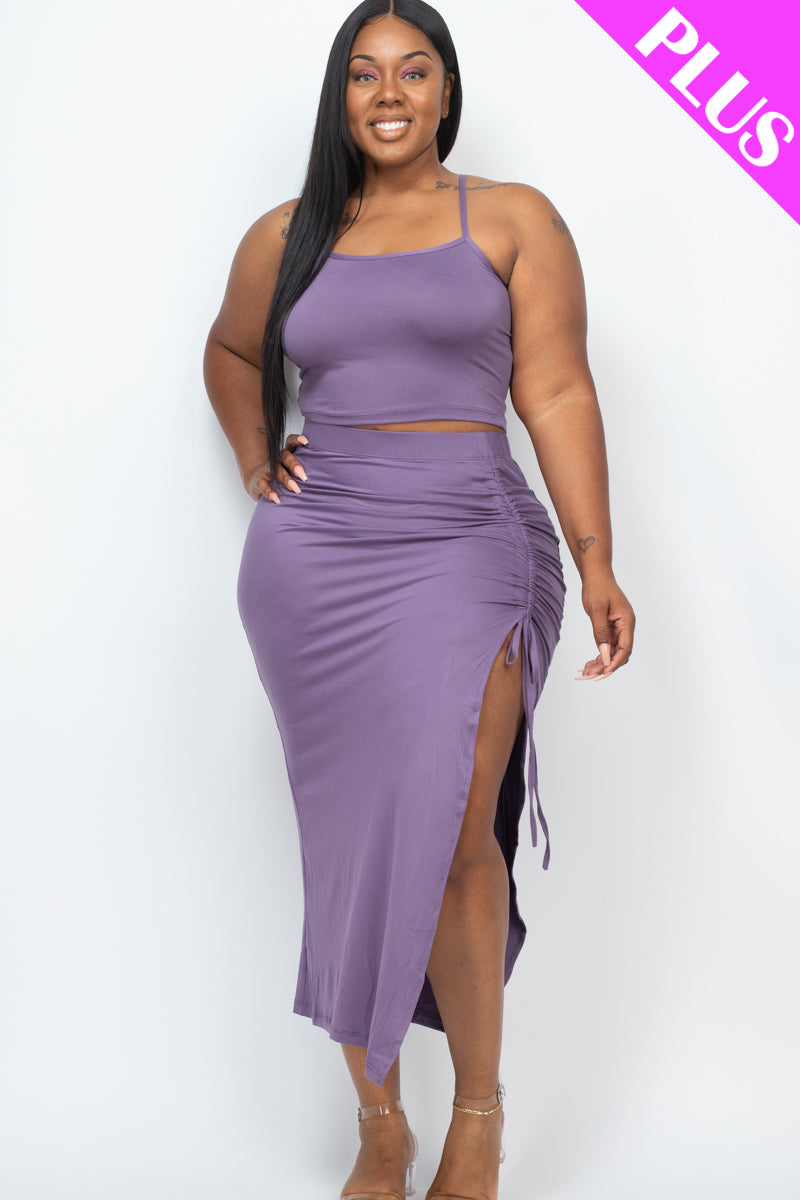 Plus Size Cami Crop Top & Ruched Side Split Hem Midi Skirt Set - Capella Apparel Wholesale