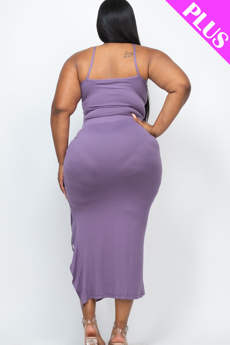 Plus Size Cami Crop Top & Ruched Side Split Hem Midi Skirt Set - Capella Apparel Wholesale