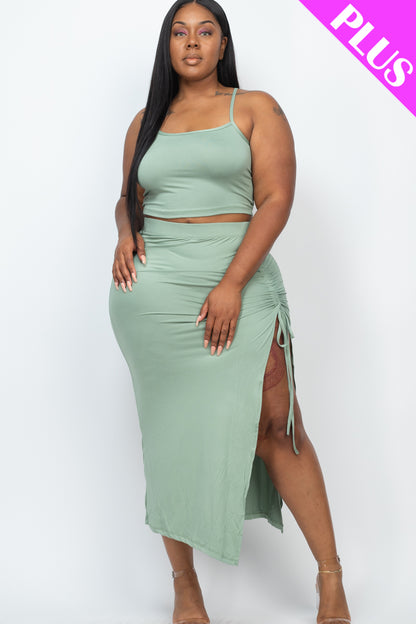 Plus Size Cami Crop Top & Ruched Side Split Hem Midi Skirt Set - Capella Apparel Wholesale