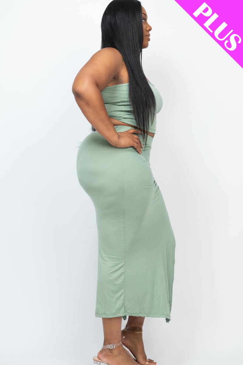 Plus Size Cami Crop Top & Ruched Side Split Hem Midi Skirt Set - Capella Apparel Wholesale