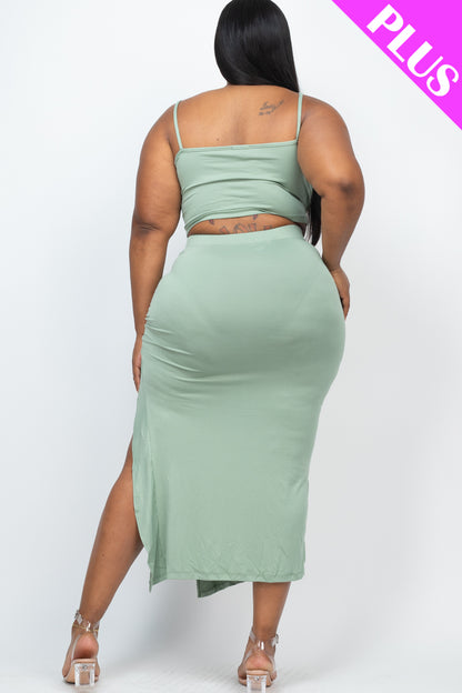 Plus Size Cami Crop Top & Ruched Side Split Hem Midi Skirt Set - Capella Apparel Wholesale