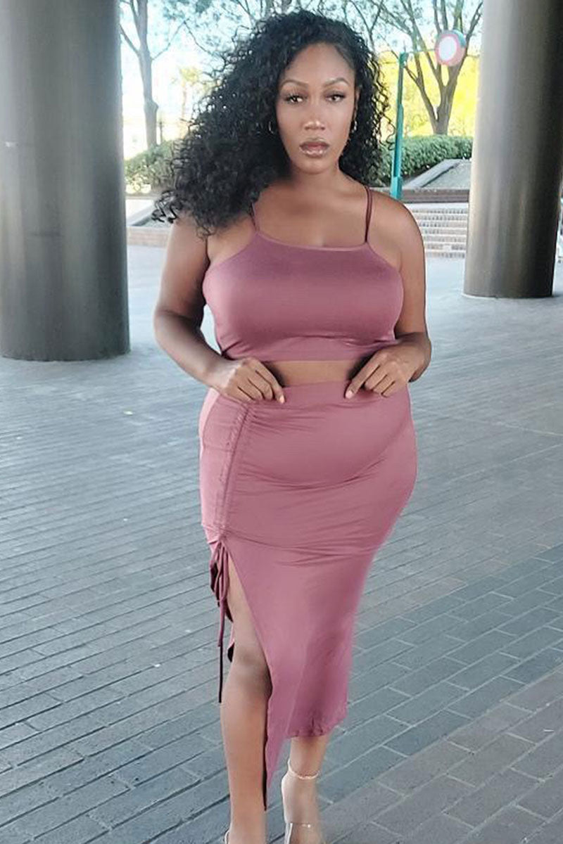 Plus Size Cami Crop Top & Ruched Side Split Hem Midi Skirt Set - Capella Apparel Wholesale