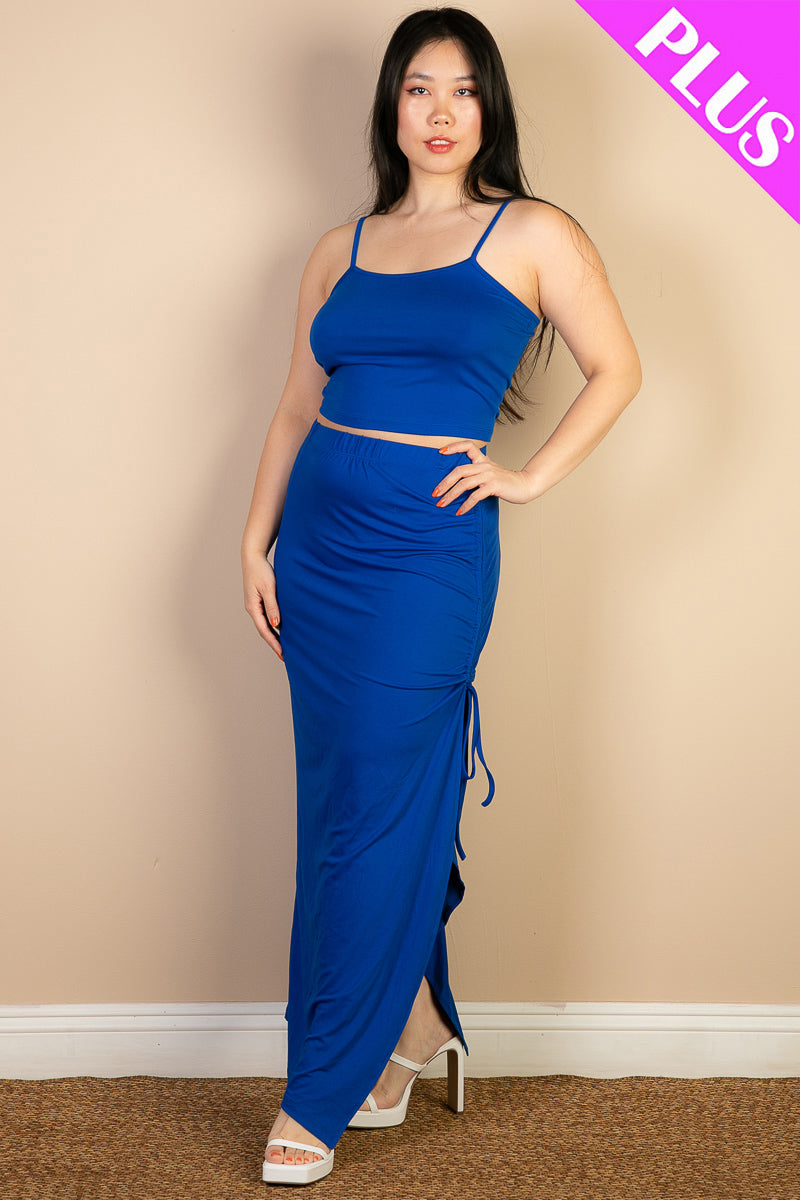 PLUS SIZE Cami Crop Top & Ruched Side Split Hem Midi Skirt Set (CAPELLA) - Capella Apparel