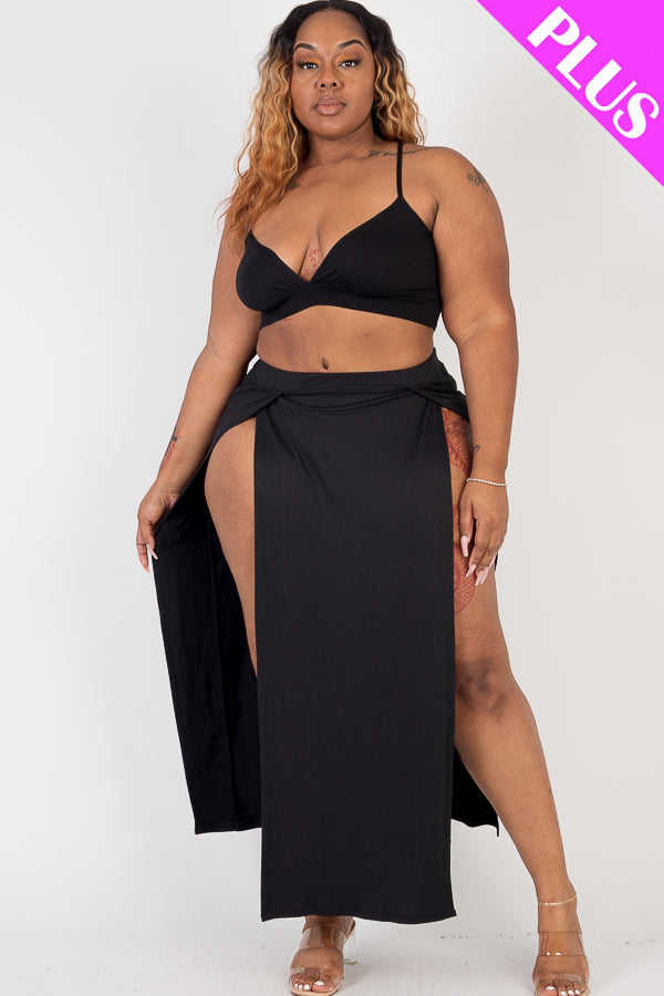 Plus Size Bra Top & Side Slit Maxi Skirt Set - Capella Apparel