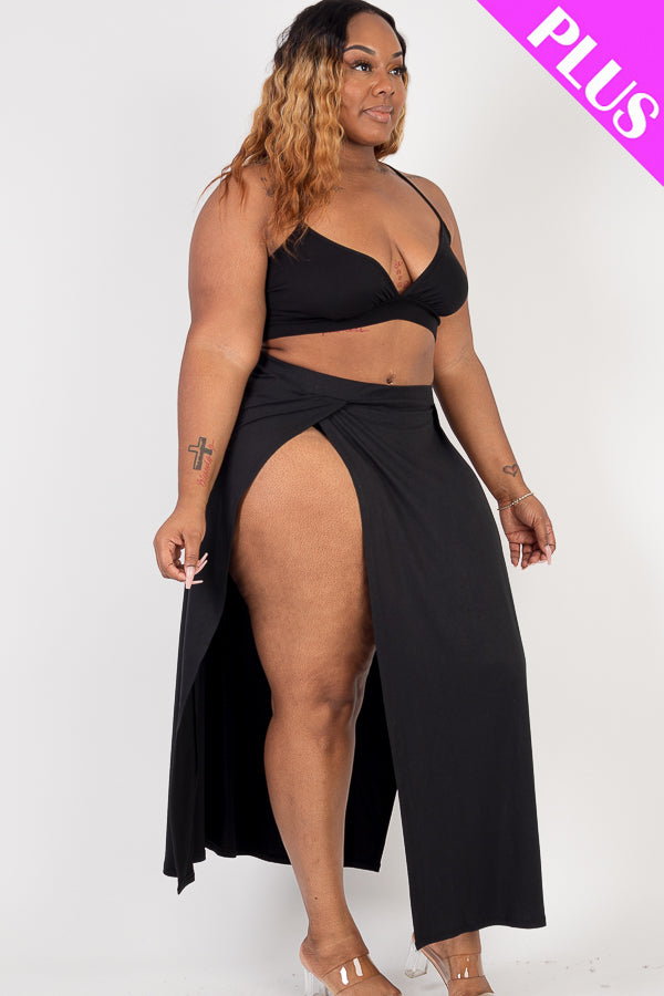 Plus Size Bra Top & Side Slit Maxi Skirt Set - Capella Apparel