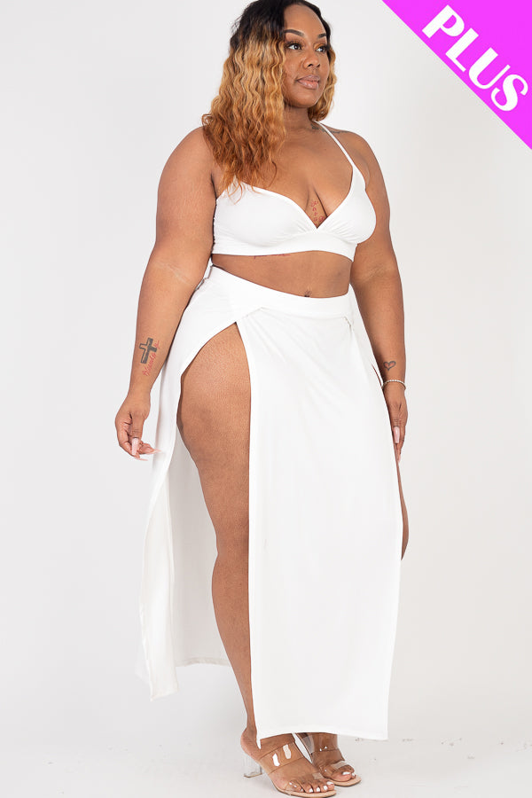 Plus Size Bra Top & Side Slit Maxi Skirt Set - Capella Apparel