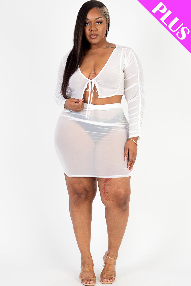 Plus Size Sheer Mesh Tie Front Crop Top & Ruched Side Mini Dress - Capella Apparel