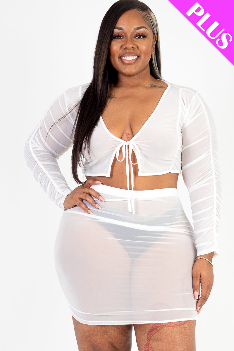 Plus Size Sheer Mesh Tie Front Crop Top & Ruched Side Mini Dress - Capella Apparel