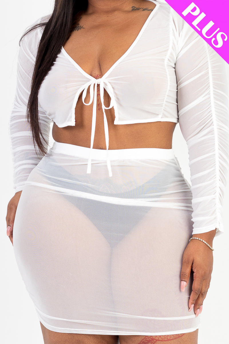 Plus Size Sheer Mesh Tie Front Crop Top & Ruched Side Mini Dress (CAPELLA) - Capella Apparel