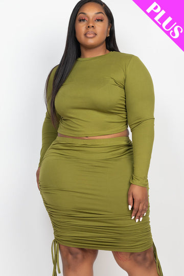 Plus Size Ruched Side Long Sleeve Crop Top & Drawstring Skirt Set (CAPELLA) - Capella Apparel