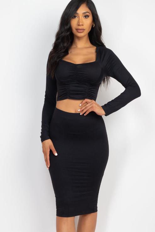 Ruched Long Sleeve Top & Pencil Skirt Set - Capella Apparel