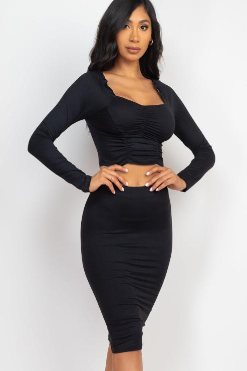 Ruched Long Sleeve Top & Pencil Skirt Set - Capella Apparel