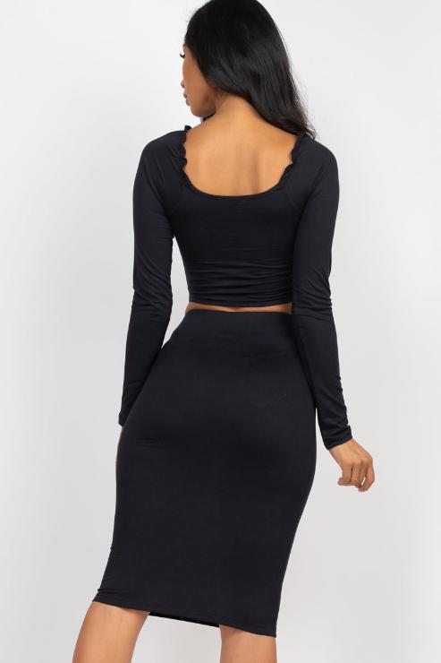 Ruched Long Sleeve Top & Pencil Skirt Set - Capella Apparel