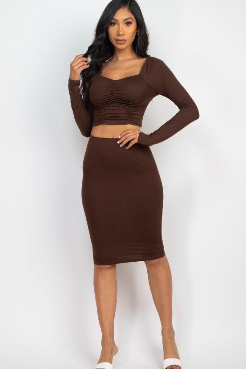 Ruched Long Sleeve Top & Pencil Skirt Set - Capella Apparel