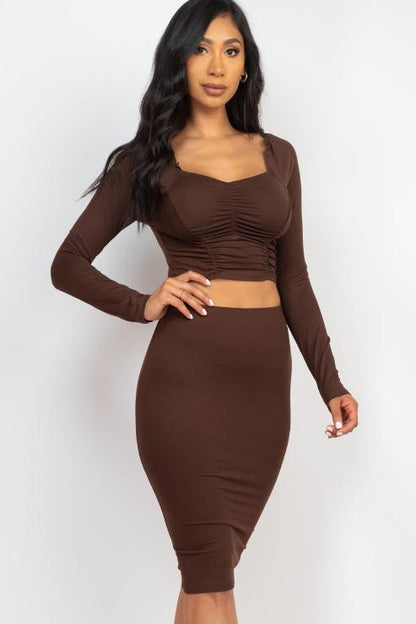 Ruched Long Sleeve Top & Pencil Skirt Set - Capella Apparel