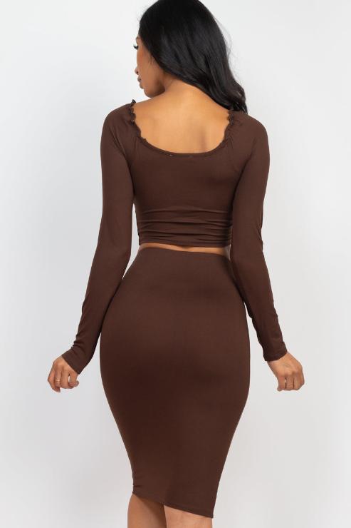 Ruched Long Sleeve Top & Pencil Skirt Set - Capella Apparel