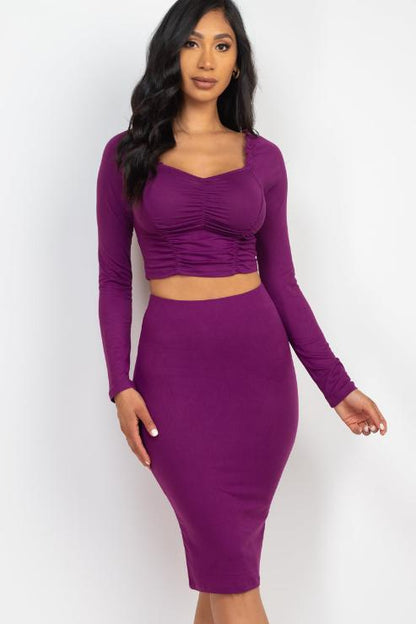 Ruched Long Sleeve Top & Pencil Skirt Set - Capella Apparel