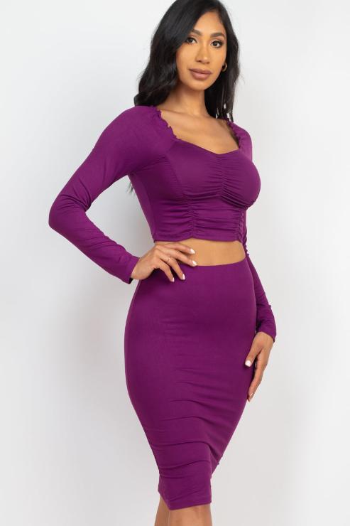 Ruched Long Sleeve Top & Pencil Skirt Set - Capella Apparel