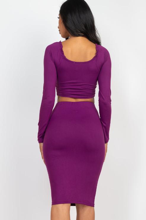 Ruched Long Sleeve Top & Pencil Skirt Set - Capella Apparel