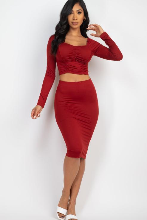 Ruched Long Sleeve Top & Pencil Skirt Set - Capella Apparel