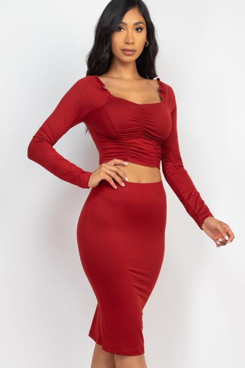 Ruched Long Sleeve Top & Pencil Skirt Set - Capella Apparel