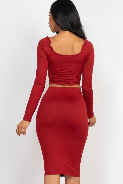 Ruched Long Sleeve Top & Pencil Skirt Set - Capella Apparel