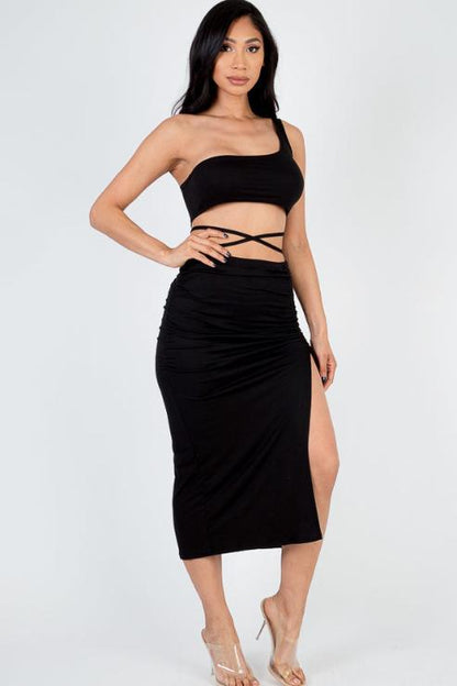 Sexy Solid Color One Shoulder Crop Top & Drawstring Ruched Crisscross Tie Back Side Slit Hem Skirt Set (CAPELLA) - Capella Apparel