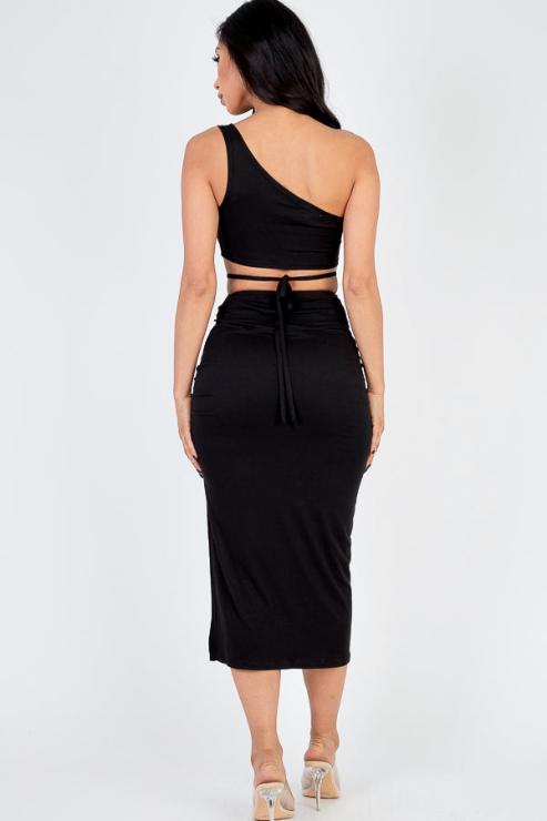 Sexy Solid Color One Shoulder Crop Top & Drawstring Ruched Crisscross Tie Back Side Slit Hem Skirt Set (CAPELLA) - Capella Apparel