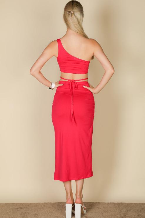 Sexy Solid Color One Shoulder Crop Top & Drawstring Ruched Crisscross Tie Back Side Slit Hem Skirt Set - Capella Apparel