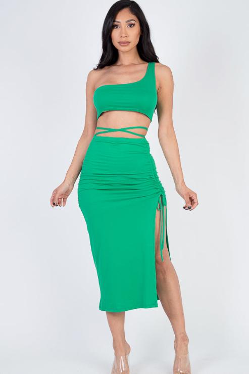 Sexy Solid Color One Shoulder Crop Top & Drawstring Ruched Crisscross Tie Back Side Slit Hem Skirt Set - Capella Apparel