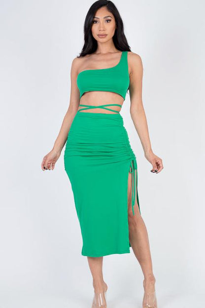 Sexy Solid Color One Shoulder Crop Top & Drawstring Ruched Crisscross Tie Back Side Slit Hem Skirt Set (CAPELLA) - Capella Apparel