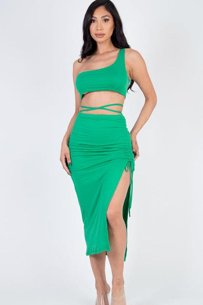 Sexy Solid Color One Shoulder Crop Top & Drawstring Ruched Crisscross Tie Back Side Slit Hem Skirt Set - Capella Apparel