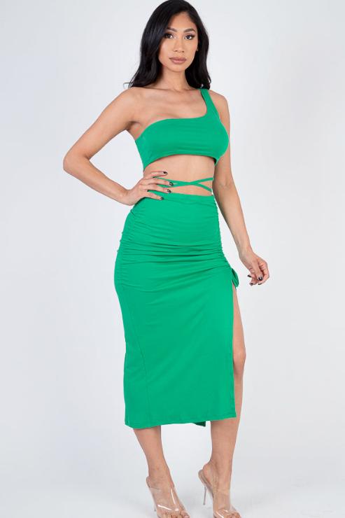 Sexy Solid Color One Shoulder Crop Top & Drawstring Ruched Crisscross Tie Back Side Slit Hem Skirt Set (CAPELLA) - Capella Apparel