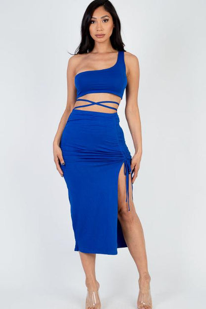 Sexy Solid Color One Shoulder Crop Top & Drawstring Ruched Crisscross Tie Back Side Slit Hem Skirt Set (CAPELLA) - Capella Apparel