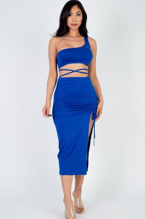 Sexy Solid Color One Shoulder Crop Top & Drawstring Ruched Crisscross Tie Back Side Slit Hem Skirt Set - Capella Apparel