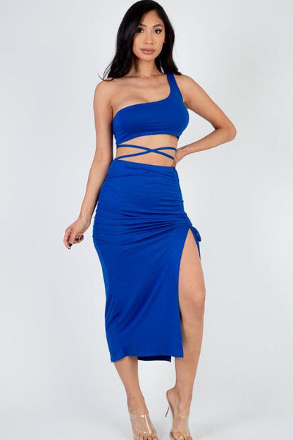 Sexy Solid Color One Shoulder Crop Top & Drawstring Ruched Crisscross Tie Back Side Slit Hem Skirt Set - Capella Apparel