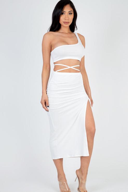 Sexy Solid Color One Shoulder Crop Top & Drawstring Ruched Crisscross Tie Back Side Slit Hem Skirt Set - Capella Apparel