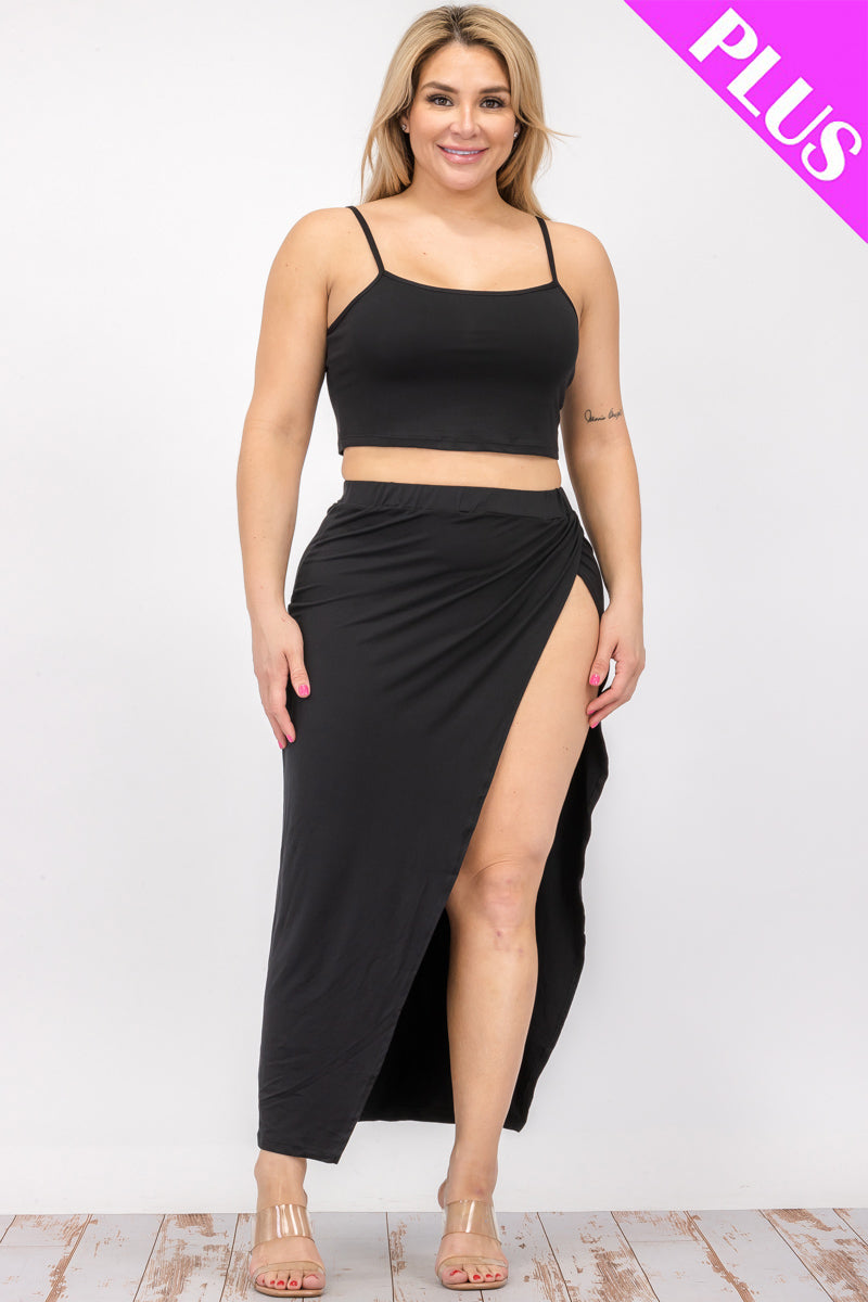 Plus Size Crop Cami & Split Thigh Maxi Skirt Set (CAPELLA) - Capella Apparel