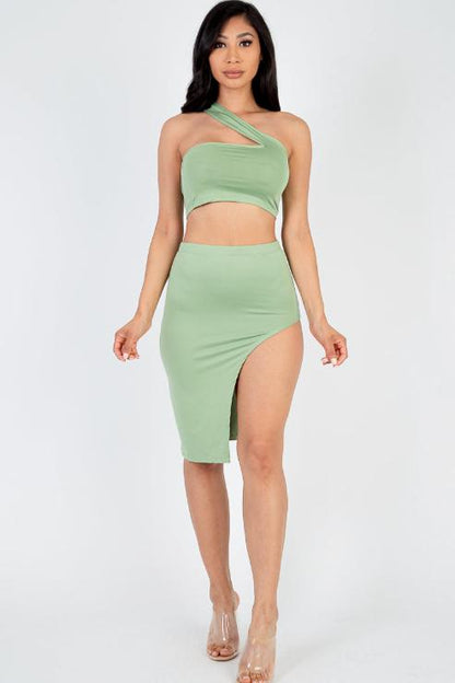 Sexy Solid One Shoulder Crop Top & Split Thigh Midi Skirt Set - Capella Apparel