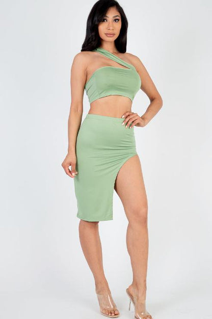 Sexy Solid One Shoulder Crop Top & Split Thigh Midi Skirt Set - Capella Apparel